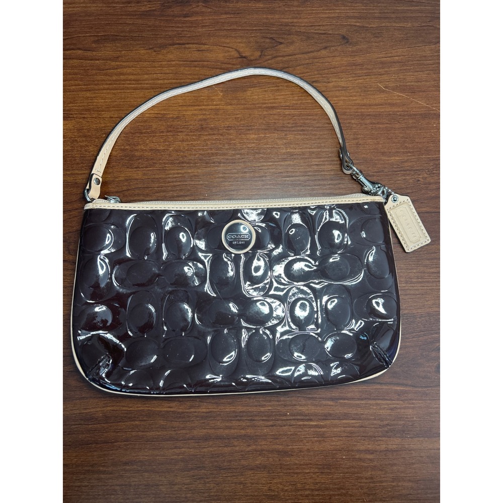 Coach Patent Leather Wristlet Small Deep‎ Brown Signature Embossed Beige Trim